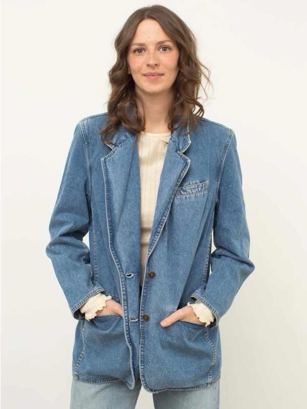 VintageLiz Wear Button-Front Denim Blazer Jacket Blue Women's Size M